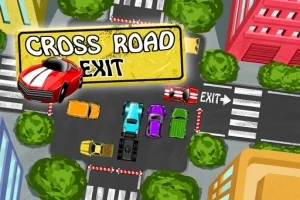 Färgglada bilar kör genom en korsning med ett CROSS ROAD EXIT-skylt och omgivna av stadshus och träd