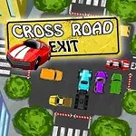 Färgglada bilar kör genom en korsning med ett CROSS ROAD EXIT-skylt och omgivna av stadshus och träd