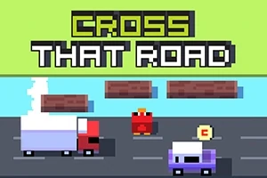 En pixelerad röd kyckling försöker korsa en väg med fordon och vatten med timmerstockar, med texten CROSS THAT ROAD ovanför