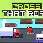 En pixelerad röd kyckling försöker korsa en väg med fordon och vatten med timmerstockar, med texten CROSS THAT ROAD ovanför