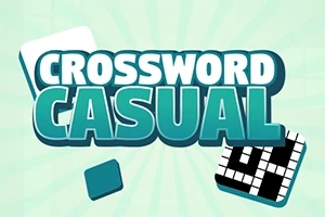 Texten Crossword Casual i stora bokstäver med en bakgrund av ljusgröna toner och ett korsordsrutnät i hörnet
