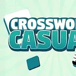 Texten Crossword Casual i stora bokstäver med en bakgrund av ljusgröna toner och ett korsordsrutnät i hörnet