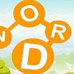 Orange bokstäver som bildar ordet WORD i en korsande cirkelstruktur mot en bergbakgrund