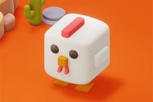 En fyrkantig, vit kycklingfigur med en röd kam och orange ben på en orange bakgrund, bredvid en liten kaktus och stenar