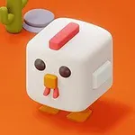 En fyrkantig, vit kycklingfigur med en röd kam och orange ben på en orange bakgrund, bredvid en liten kaktus och stenar