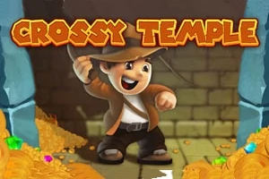 En tecknad äventyrare i hatt och läderjacka står i en stenig korridor omgiven av guldmynt och ädelstenar