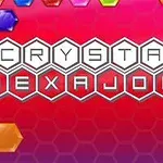 Flerfärgade hexagoner mot en röd bakgrund med texten Crystal Hexajong i mitten
