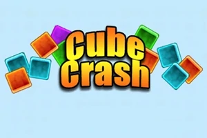 Texten Cube Crash i orange med flerfärgade kuber runtomkring på en ljusblå bakgrund