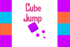 Texten Cube Jump i rosa med ett lila kubmotiv på en vit bakgrund med färgglada randiga sidor
