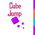 Texten Cube Jump i rosa med ett lila kubmotiv på en vit bakgrund med färgglada randiga sidor