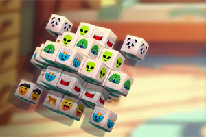 Kubformade block med olika emojis, inklusive pandor, rymdvarelser och katter, staplade i ett mönster