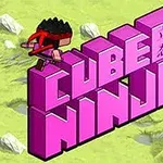 Texten CUBE NINJA i rosa blockstil, med en kubisk ninjafigur ovanpå, mot en grön landskapsbakgrund