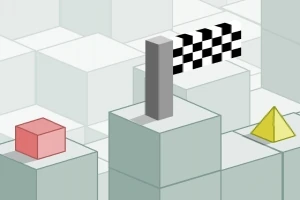 En bild visar en tredimensionell scen med kuber, en röd kub, en gul pyramid och en svartvit målflagga på grå kubformade plattformar
