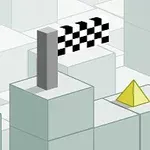 En bild visar en tredimensionell scen med kuber, en röd kub, en gul pyramid och en svartvit målflagga på grå kubformade plattformar