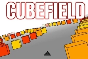 Titeln CUBEFIELD visas över en väg med gul-orange kuber och en svart pilform i mitten