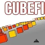 Titeln CUBEFIELD visas över en väg med gul-orange kuber och en svart pilform i mitten
