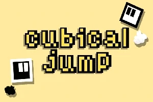 Texten cubical jump i pixelstil på en gul bakgrund med svarta och vita fyrkantiga element