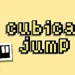 Texten cubical jump i pixelstil på en gul bakgrund med svarta och vita fyrkantiga element