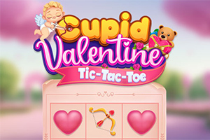 Tecknad bild med text i rosa och gula nyanser, ett amorbarn och en nallebjörn ovanpå ett rosa bräde med hjärtan och en pilbåge