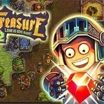 En tecknad riddarfigur med ett stort leende håller en röd ädelsten framför en fantasifull landskapsbakgrund med texten Cursed Treasure 2