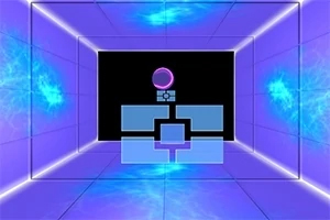 Ett futuristiskt, blåglödande rum med geometriska former och en lysande lila sfär ovanför