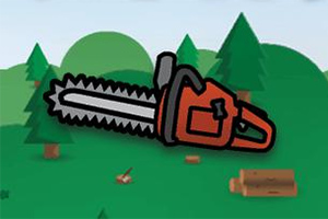Illustration av en motorsåg framför en skog med träd och nedkapade stockar