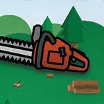 Illustration av en motorsåg framför en skog med träd och nedkapade stockar