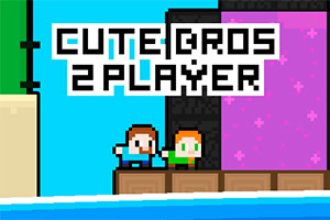 Två pixelkonstfigurer står bredvid varandra framför en lila bakgrund med texten Cute Bros 2 Player ovanför