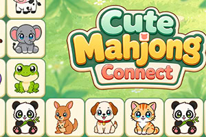 Färgglad spelbanner med texten Cute Mahjongs Connect omgiven av söta djur som panda, koala, groda, ekorre, hund och katt