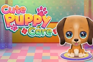 Tecknad bild av en söt valp med stora ögon sittande på en färgglad matta, omgiven av texten Cute Puppy Care i färgglada bokstäver