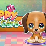 Tecknad bild av en söt valp med stora ögon sittande på en färgglad matta, omgiven av texten Cute Puppy Care i färgglada bokstäver