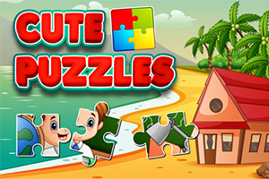 Tecknad strandbild med texten Cute Puzzles, en stuga och palmer i bakgrunden samt pusselbitar i förgrunden