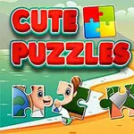 Tecknad strandbild med texten Cute Puzzles, en stuga och palmer i bakgrunden samt pusselbitar i förgrunden
