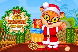 Tecknad tigerunge i tomtedräkt med glasögon som står bredvid julklappar och en juldekoration