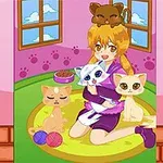 En flicka med orange hår sitter på golvet omgiven av katter i ett rum med två fönster och rosa väggar med kattmönster