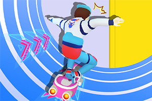 En person åker bräda på en futuristisk hoverboard, omgiven av blå och gula cirkulära mönster