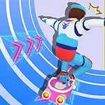 En person åker bräda på en futuristisk hoverboard, omgiven av blå och gula cirkulära mönster