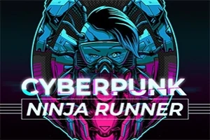 En futuristisk cyborg med blått och rosa neonljus; texten CYBERPUNK NINJA RUNNER i förgrunden