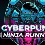 En futuristisk cyborg med blått och rosa neonljus; texten CYBERPUNK NINJA RUNNER i förgrunden