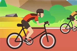 Cyklist i röd tröja som cyklar bredvid en annan cyklist på en väg omgiven av berg och grönska