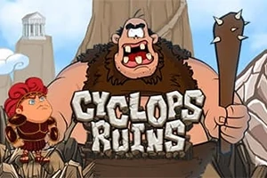 En tecknad cyklop med en träklubba står bredvid en liten krigare i röd rustning framför stenar med texten Cyclops Ruins