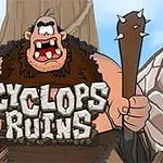 En tecknad cyklop med en träklubba står bredvid en liten krigare i röd rustning framför stenar med texten Cyclops Ruins