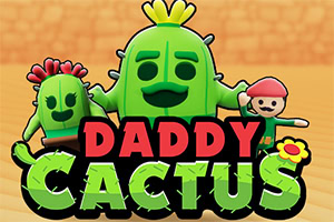 Tecknad bild av tre kaktusfigurer med leenden och färgglada dekorationer ovanför texten DADDY CACTUS