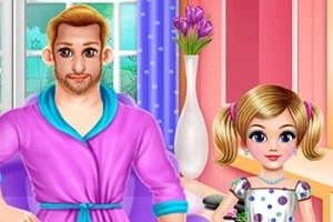 En animerad bild av en man i en lila morgonrock och en flicka i en prickig klänning, i ett färgglatt rum med blommor i bakgrunden