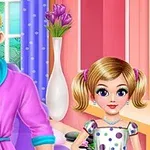 En animerad bild av en man i en lila morgonrock och en flicka i en prickig klänning, i ett färgglatt rum med blommor i bakgrunden
