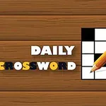 Träbakgrund med texten Daily Crossword och en bild av ett korsord samt en penna