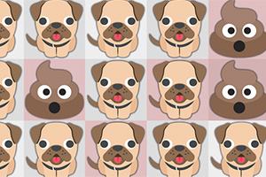 Illustration med ett rutnät av söta tecknade mopsar och brun bajs-emoji