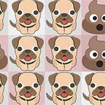 Illustration med ett rutnät av söta tecknade mopsar och brun bajs-emoji