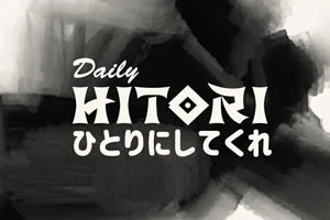 Texten Daily Hitori i svart och vitt med japanska tecken i bakgrunden