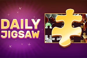 Texten Daily Jigsaw i gula bokstäver bredvid en stor gul pusselbit på en lila bakgrund med stjärnmönster